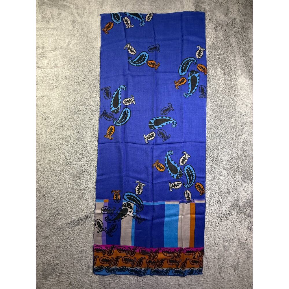 ECHO Japan Wool Scarf Blue Paisley Print 54x22 Designer Rectangular Wrap